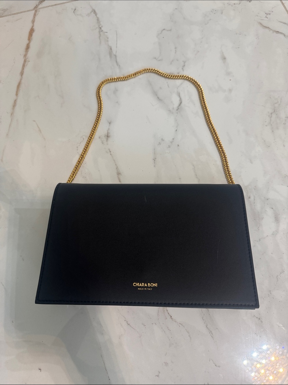 Chiara Boni Black Leather Clutch with Gold Chain Strap